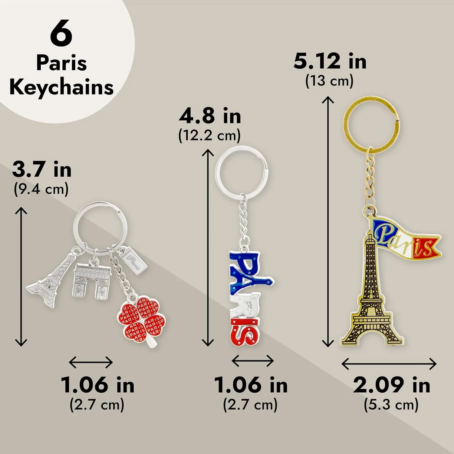 Juvale 6 Pack Paris Keychain, France Souvenir Gift, Eiffel Tower, French Flag, and Arc de Triomphe Metal Key Rings, Ideal Paris Souvenirs from France, Silver/Bronze - Image 4